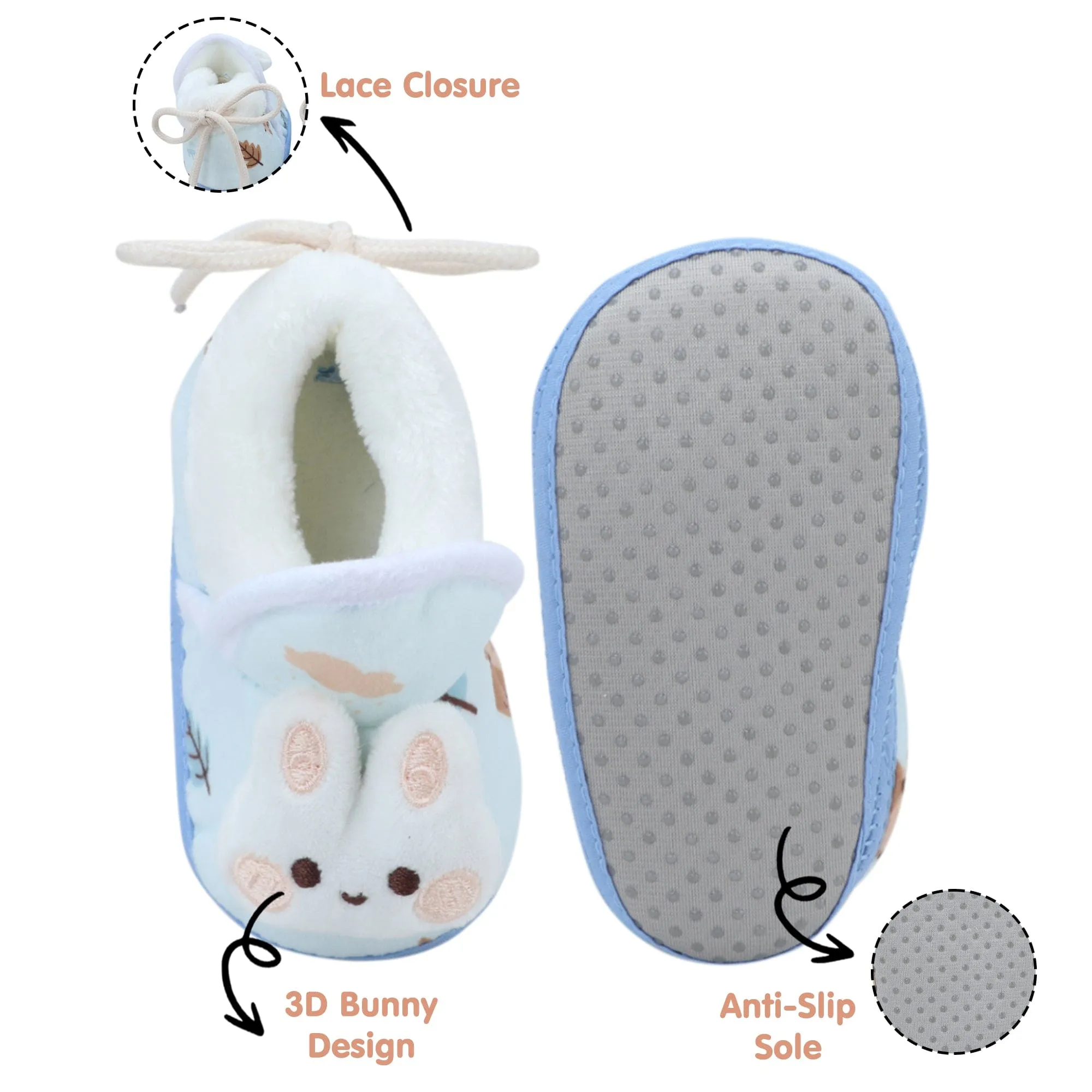 Baby Moo 3D Hunny Bunny Soft Slip-On Anti-Skid Plush Warm Booties - Blue