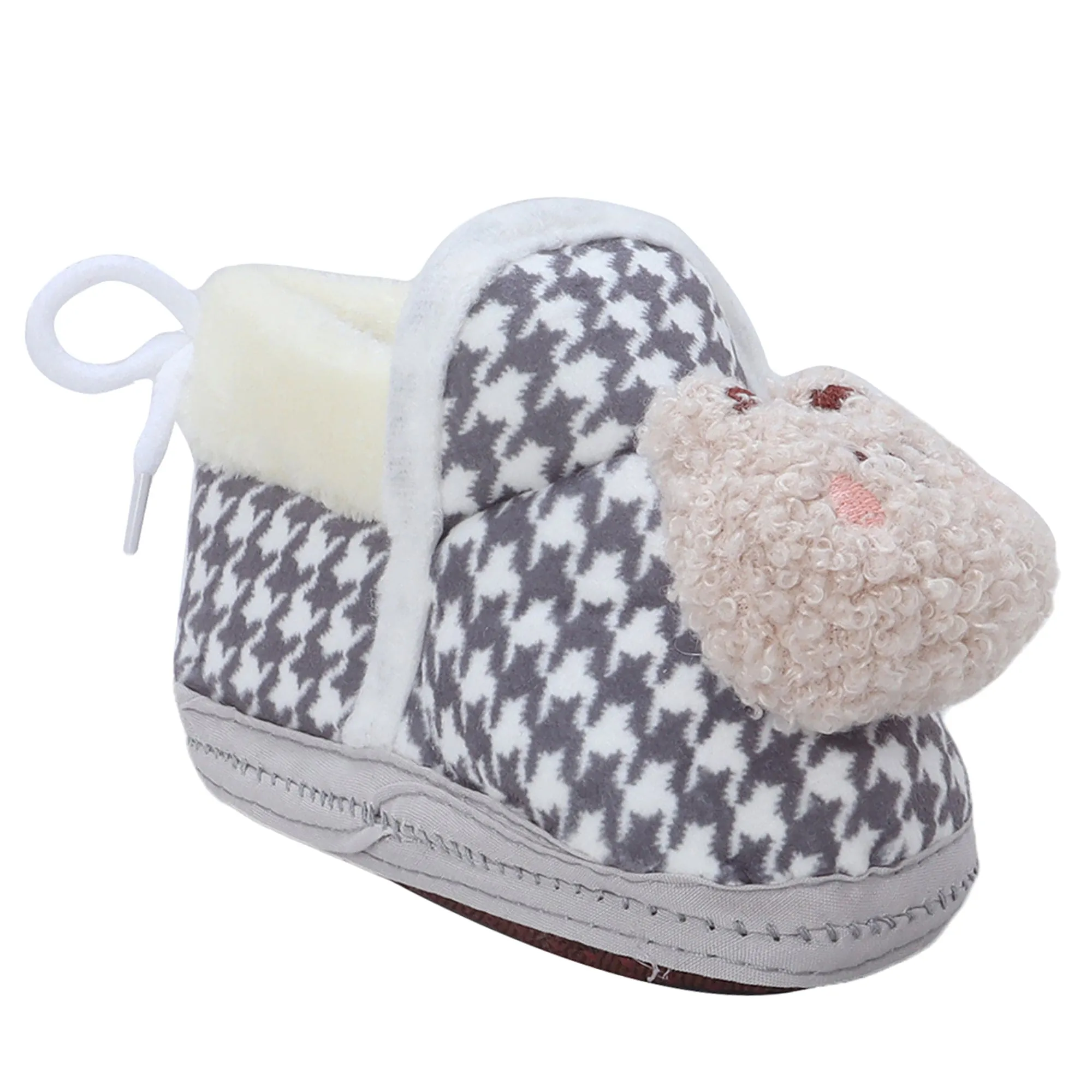 Baby Moo 3D Poodle Dog Houndstooth Soft Slip-On Anti-Skid Plush Warm Booties - Grey