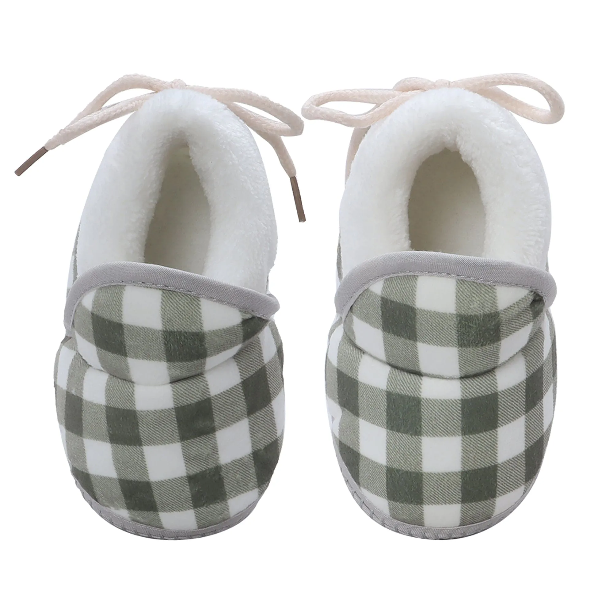 Baby Moo Checked Soft Slip-On Anti-Skid Plush Warm Booties - Green