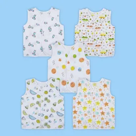 Baby Moo Fruity Fun Prints V-Neck Sleeveless Front Opening Button Cotton Jhablas 5 Pcs - Green, Multicolour