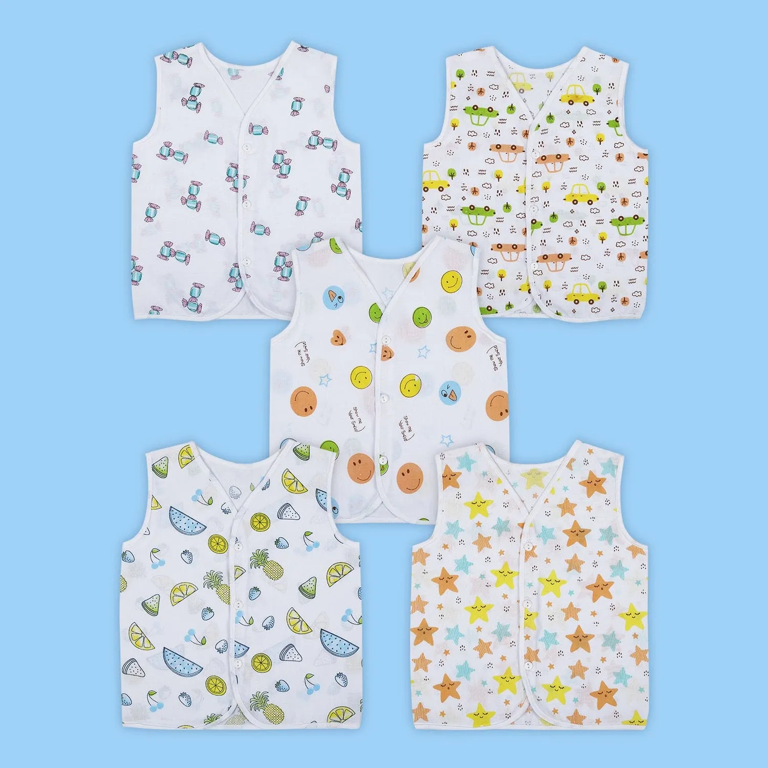 Baby Moo Fruity Fun Prints V-Neck Sleeveless Front Opening Button Cotton Jhablas 5 Pcs - Green, Multicolour