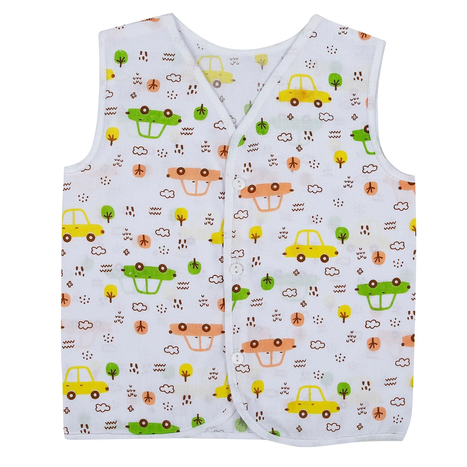 Baby Moo Fruity Fun Prints V-Neck Sleeveless Front Opening Button Cotton Jhablas 5 Pcs - Green, Multicolour