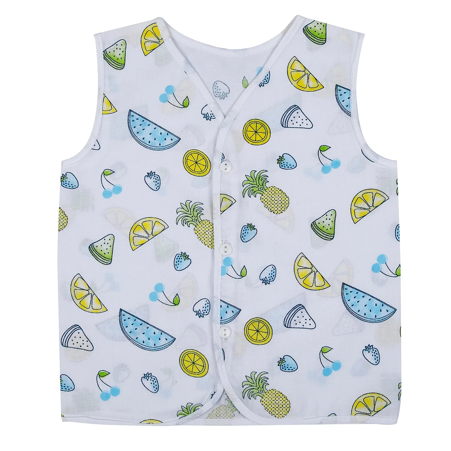 Baby Moo Fruity Fun Prints V-Neck Sleeveless Front Opening Button Cotton Jhablas 5 Pcs - Green, Multicolour