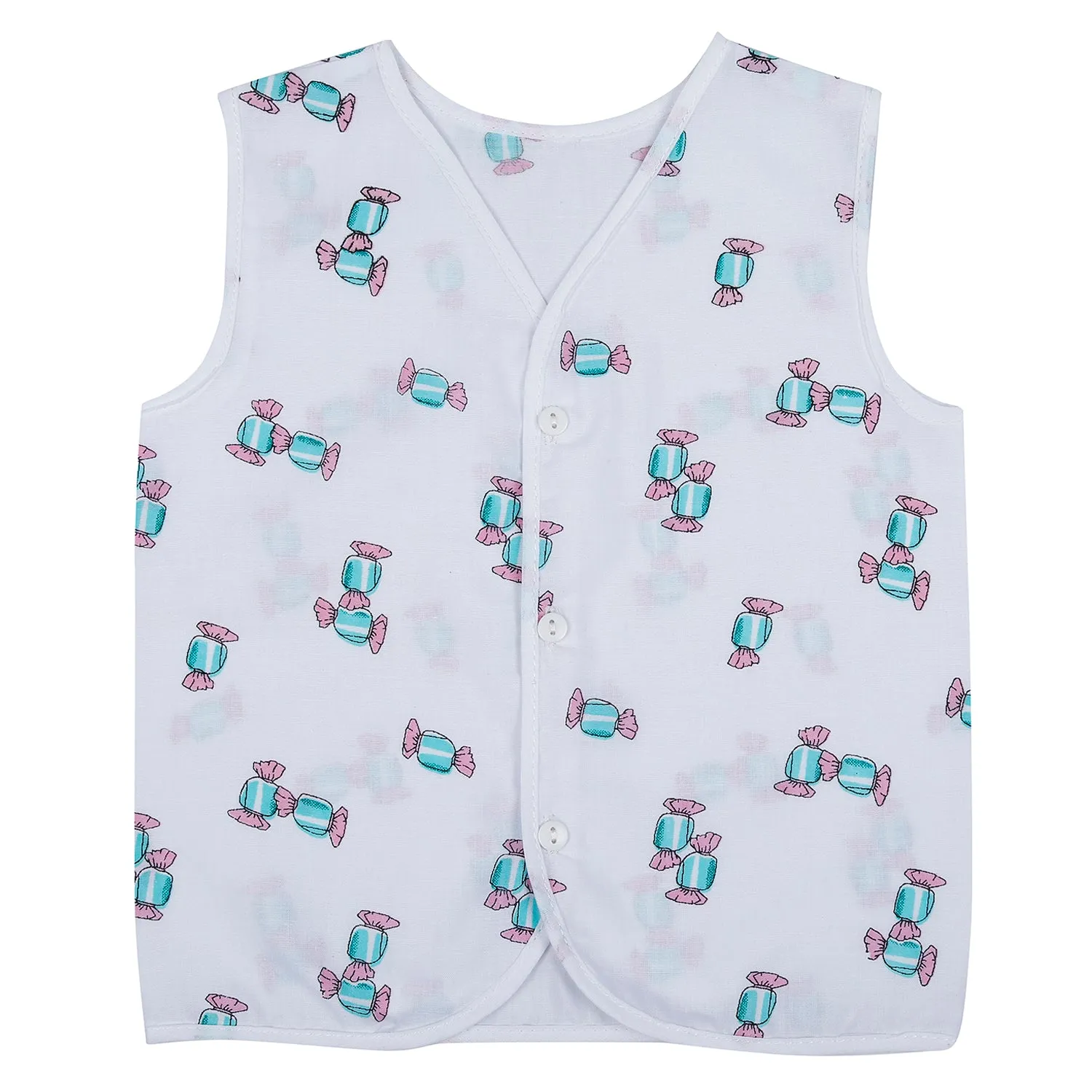 Baby Moo Fruity Fun Prints V-Neck Sleeveless Front Opening Button Cotton Jhablas 5 Pcs - Green, Multicolour