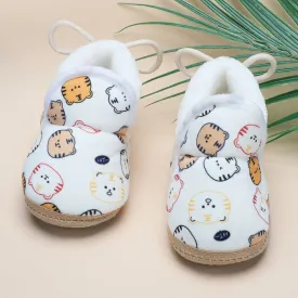 Baby Moo Kitty Face Printed Soft Slip-On Anti-Skid Plush Warm Booties - White