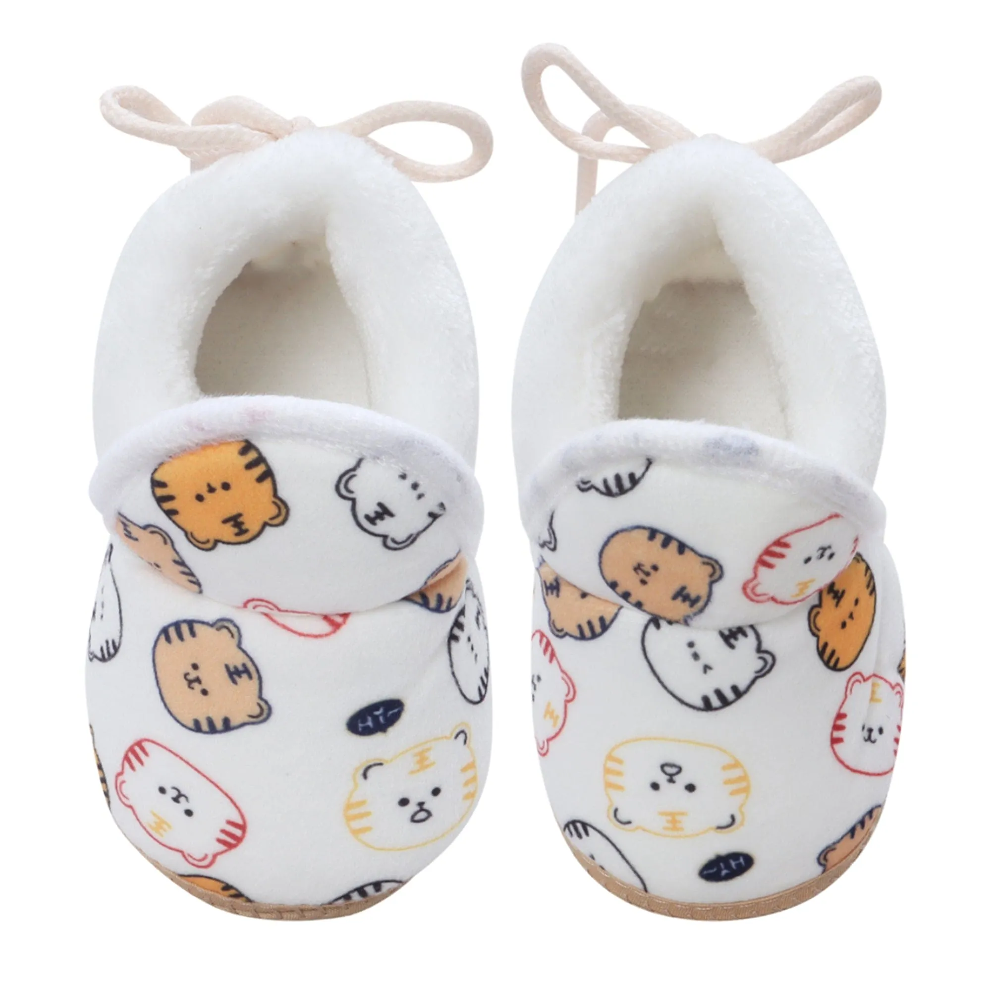 Baby Moo Kitty Face Printed Soft Slip-On Anti-Skid Plush Warm Booties - White