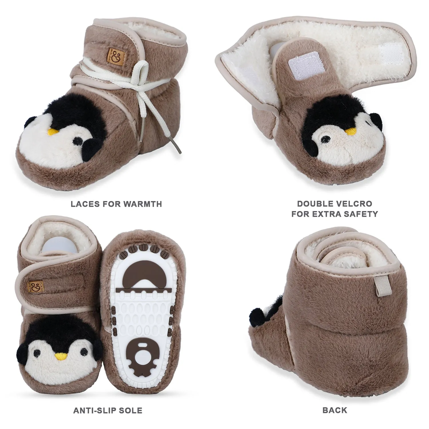 Baby Moo Penguin Warm Veclro Strap Fur Booties - Brown