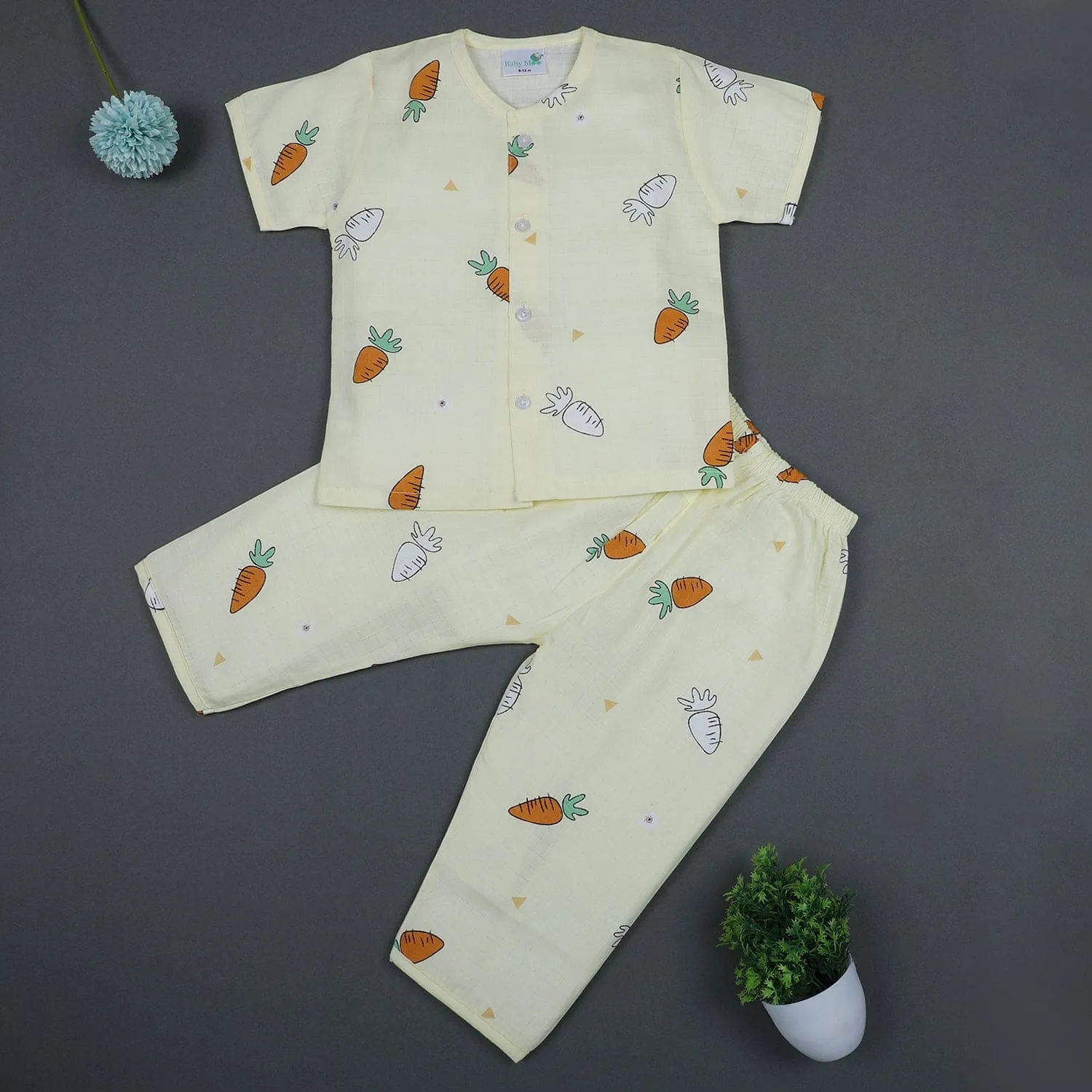 Baby Moo Rabbits Eat Carrots Shirt And Pyjama Night Suit - Yellow