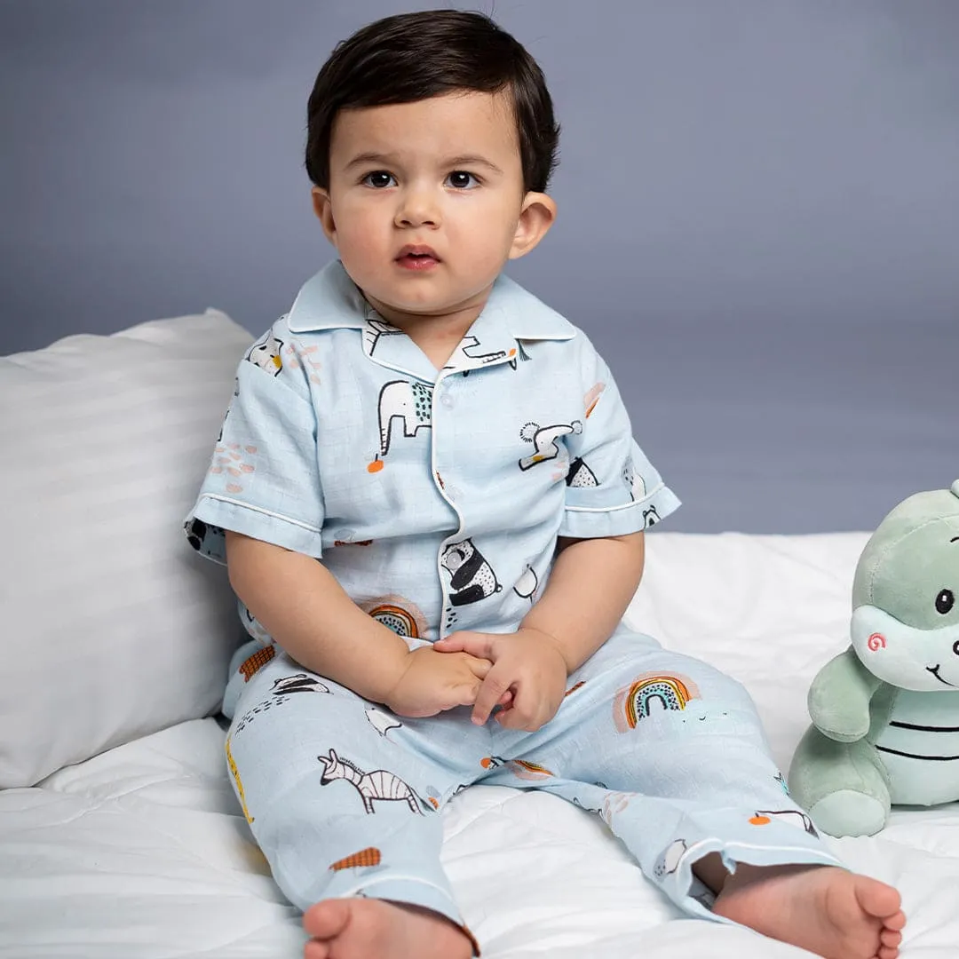 Baby Moo Rainbow With Animals Half Sleeves Muslin Shirt And Pyjama Night Suit - Blue