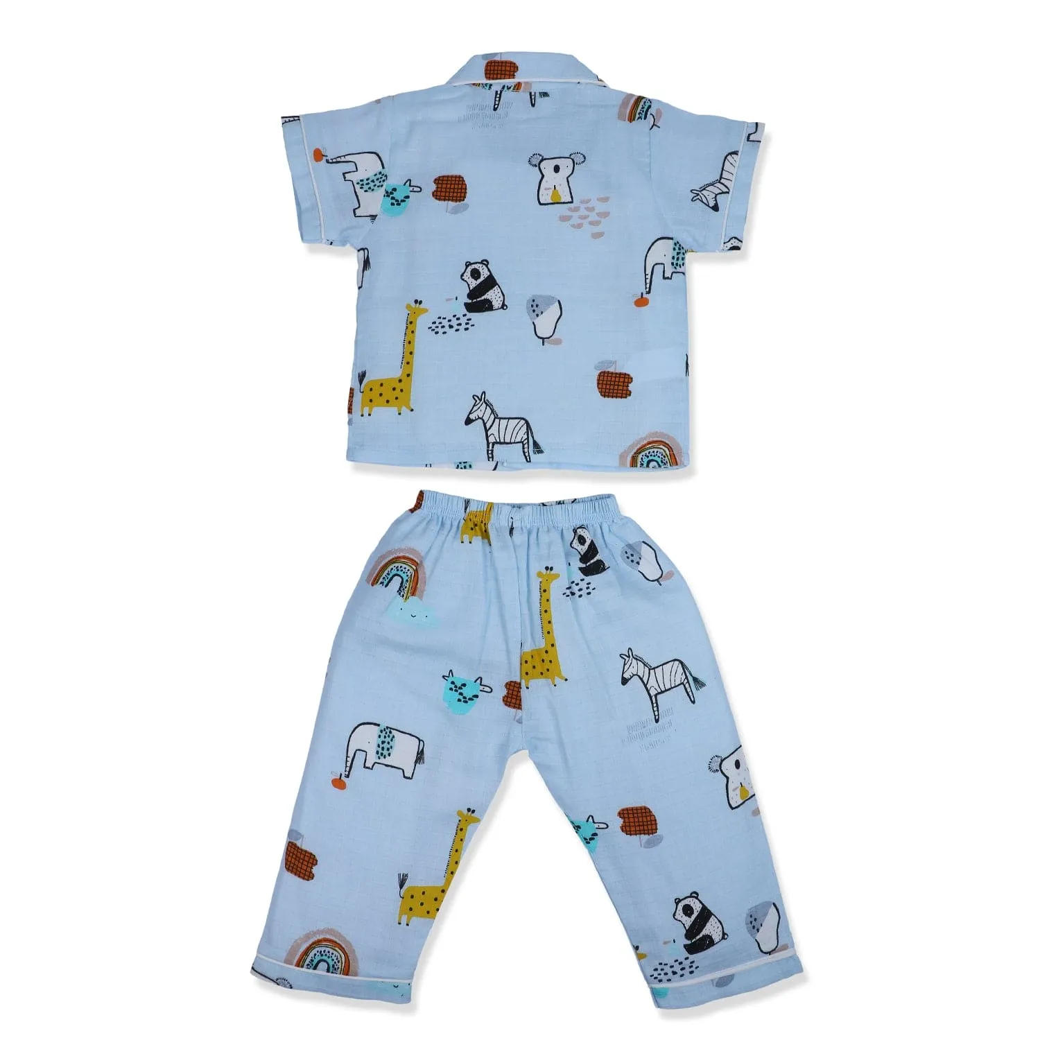 Baby Moo Rainbow With Animals Half Sleeves Muslin Shirt And Pyjama Night Suit - Blue