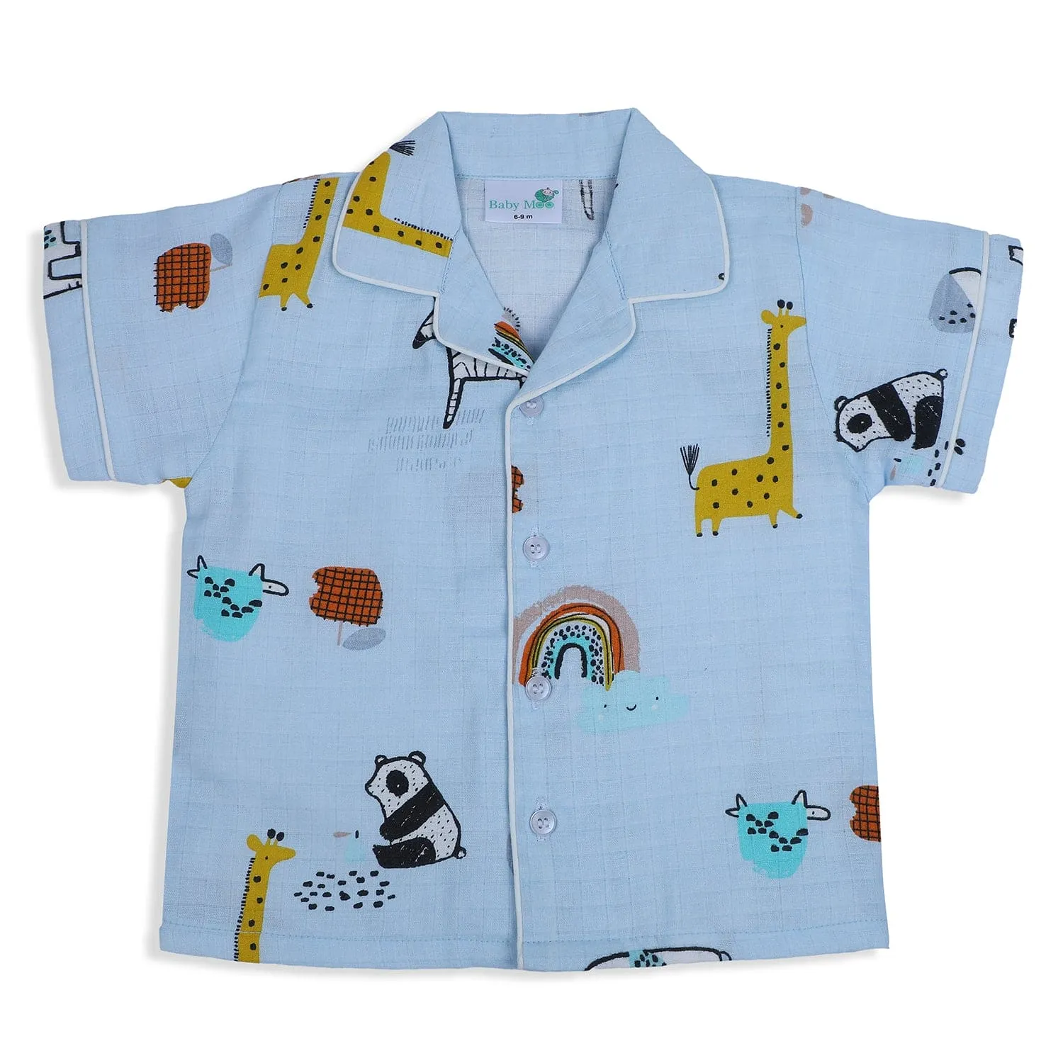 Baby Moo Rainbow With Animals Half Sleeves Muslin Shirt And Pyjama Night Suit - Blue