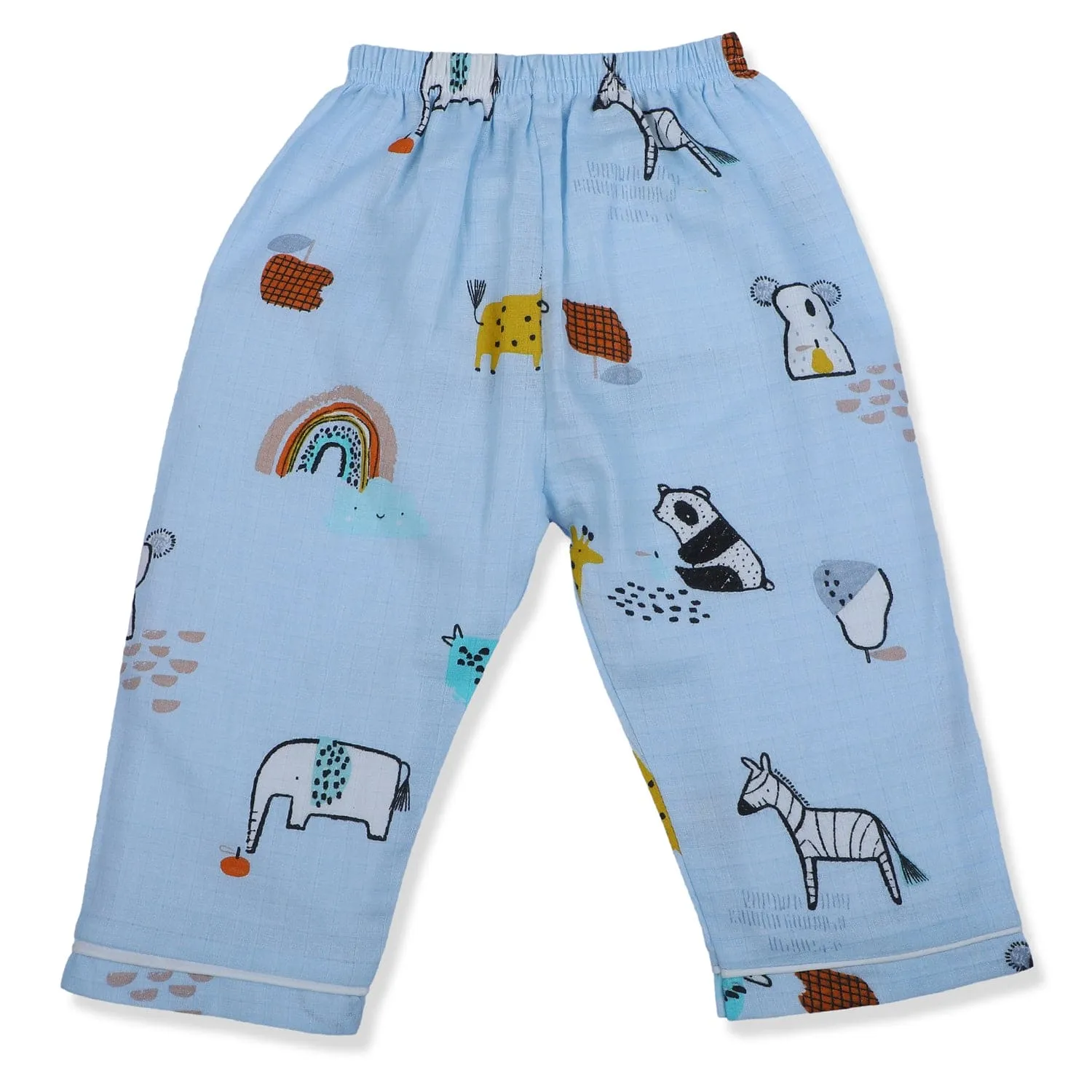 Baby Moo Rainbow With Animals Half Sleeves Muslin Shirt And Pyjama Night Suit - Blue