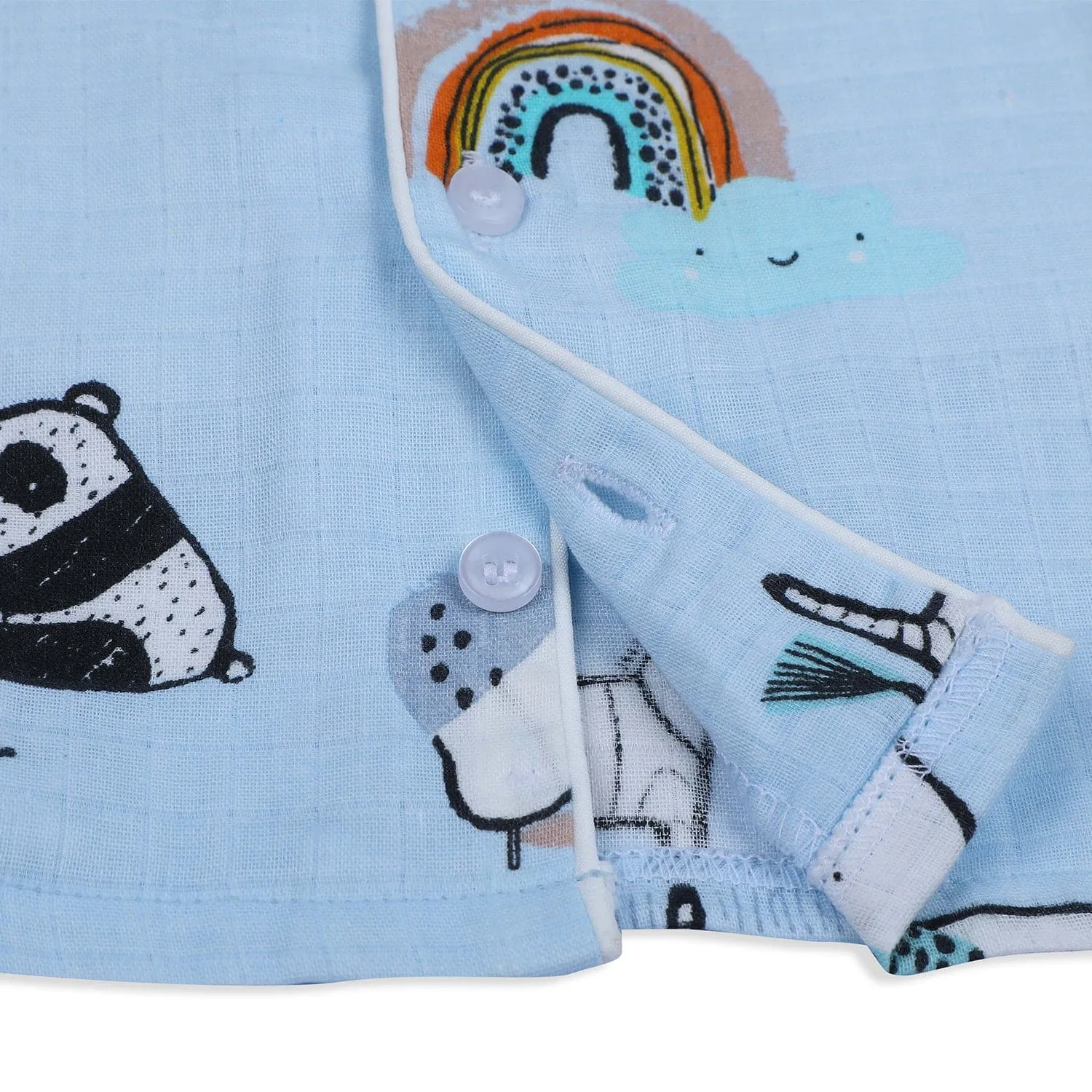 Baby Moo Rainbow With Animals Half Sleeves Muslin Shirt And Pyjama Night Suit - Blue