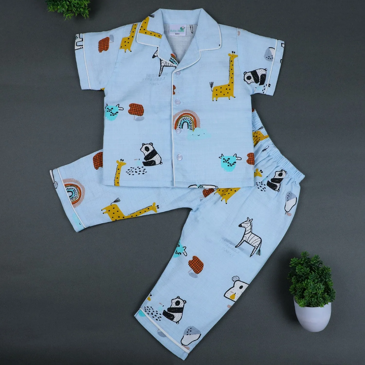 Baby Moo Rainbow With Animals Half Sleeves Muslin Shirt And Pyjama Night Suit - Blue