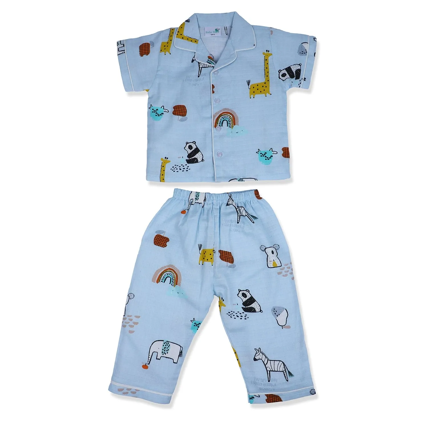 Baby Moo Rainbow With Animals Half Sleeves Muslin Shirt And Pyjama Night Suit - Blue