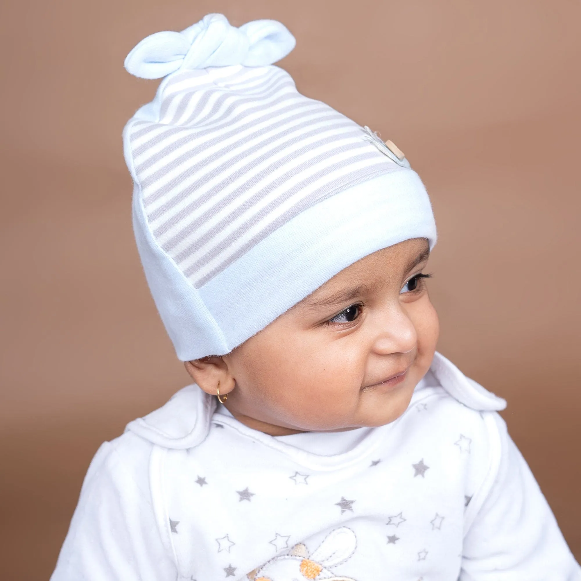 Baby Moo Striped All Season Stretchable Hosiery Warm 3D Beanie Cap - Blue, Grey