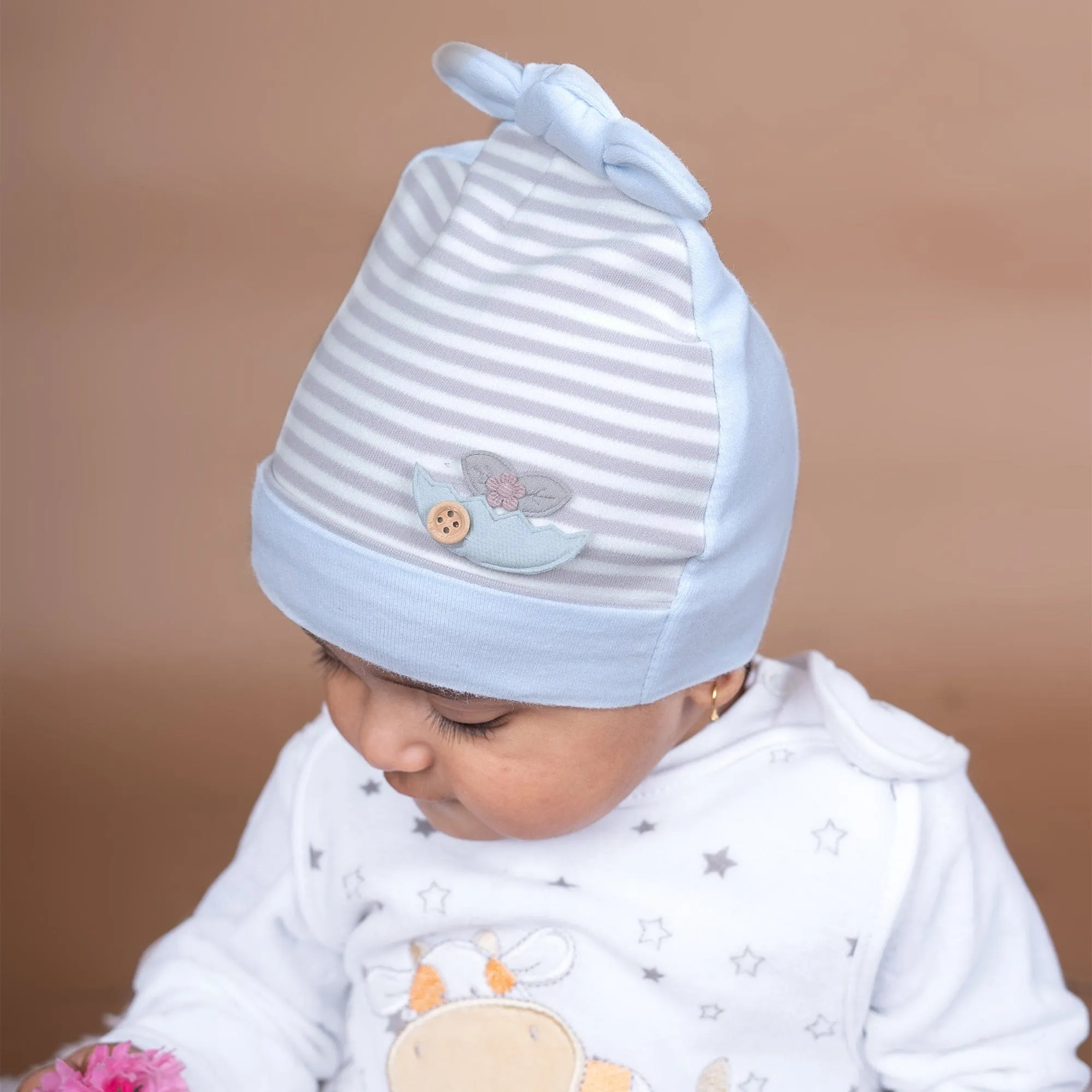 Baby Moo Striped All Season Stretchable Hosiery Warm 3D Beanie Cap - Blue, Grey