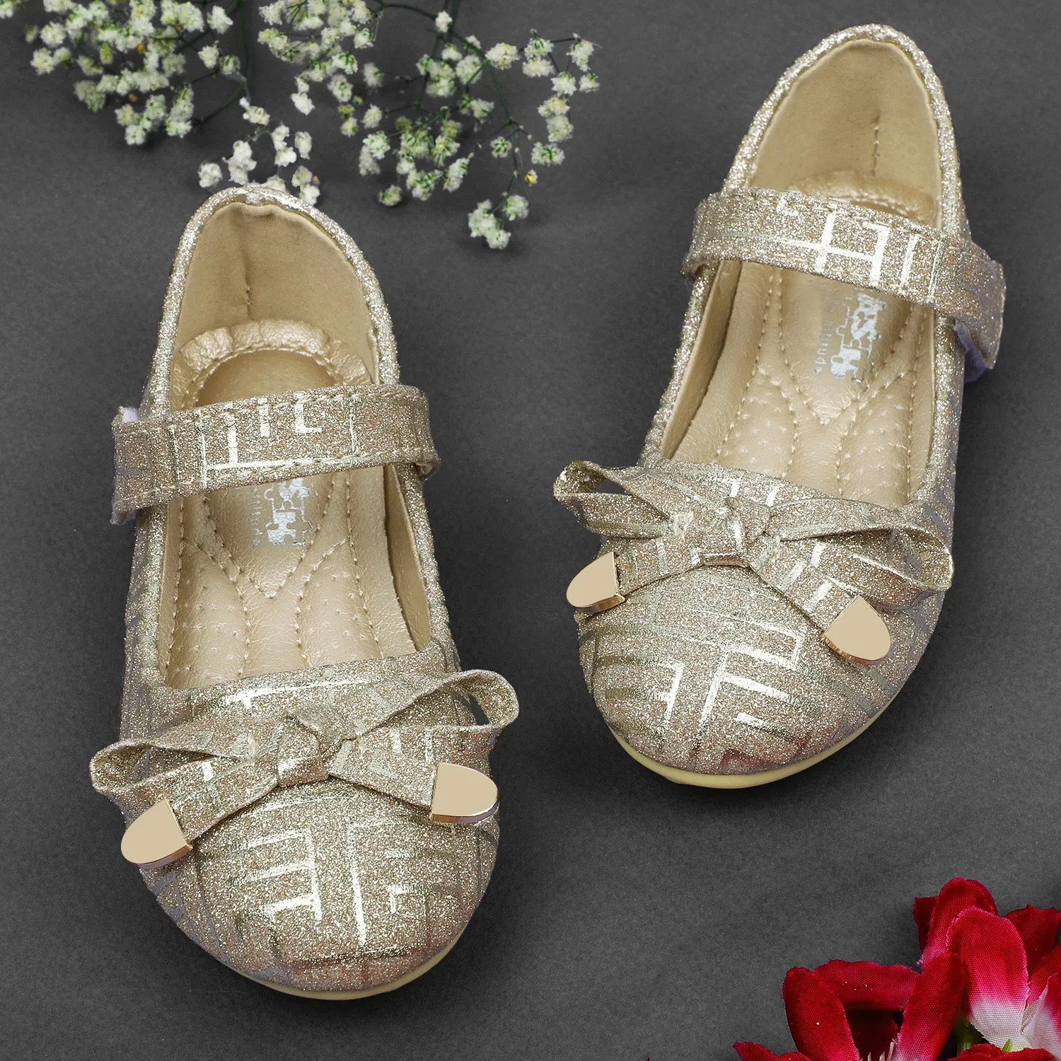 Baby Moo x Bash Kids Embellished Shimmer With Bow Mary Jane Ballerinas - Gold