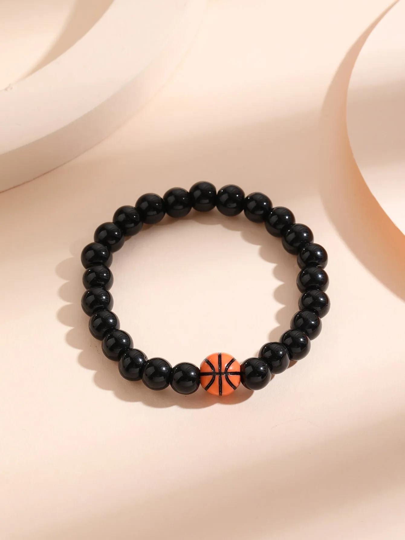 Basketball Decor Stone Black Beaded Bracelet for Women Men Stretchy Stackable