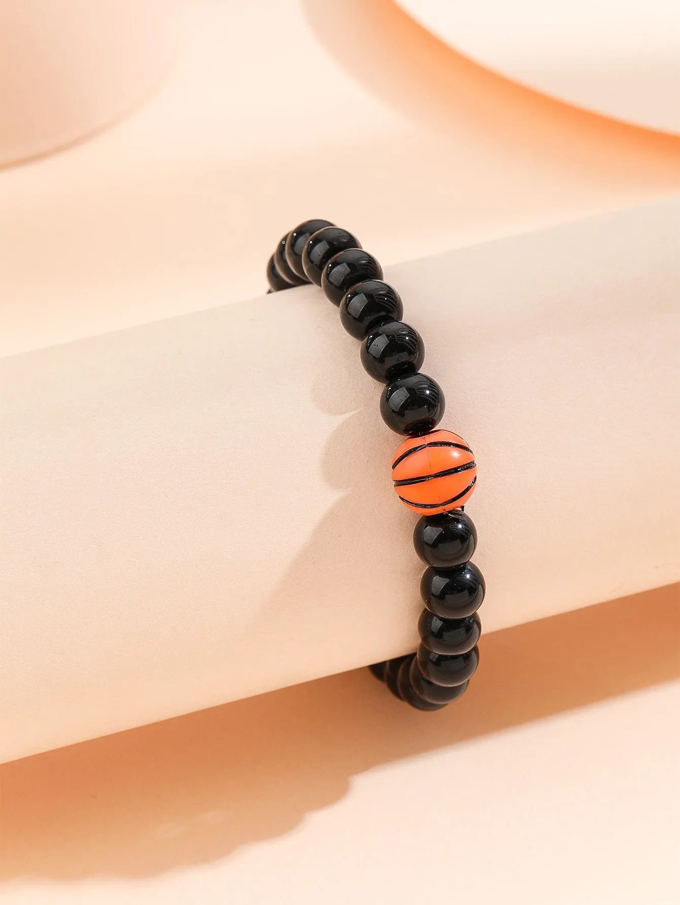 Basketball Decor Stone Black Beaded Bracelet for Women Men Stretchy Stackable