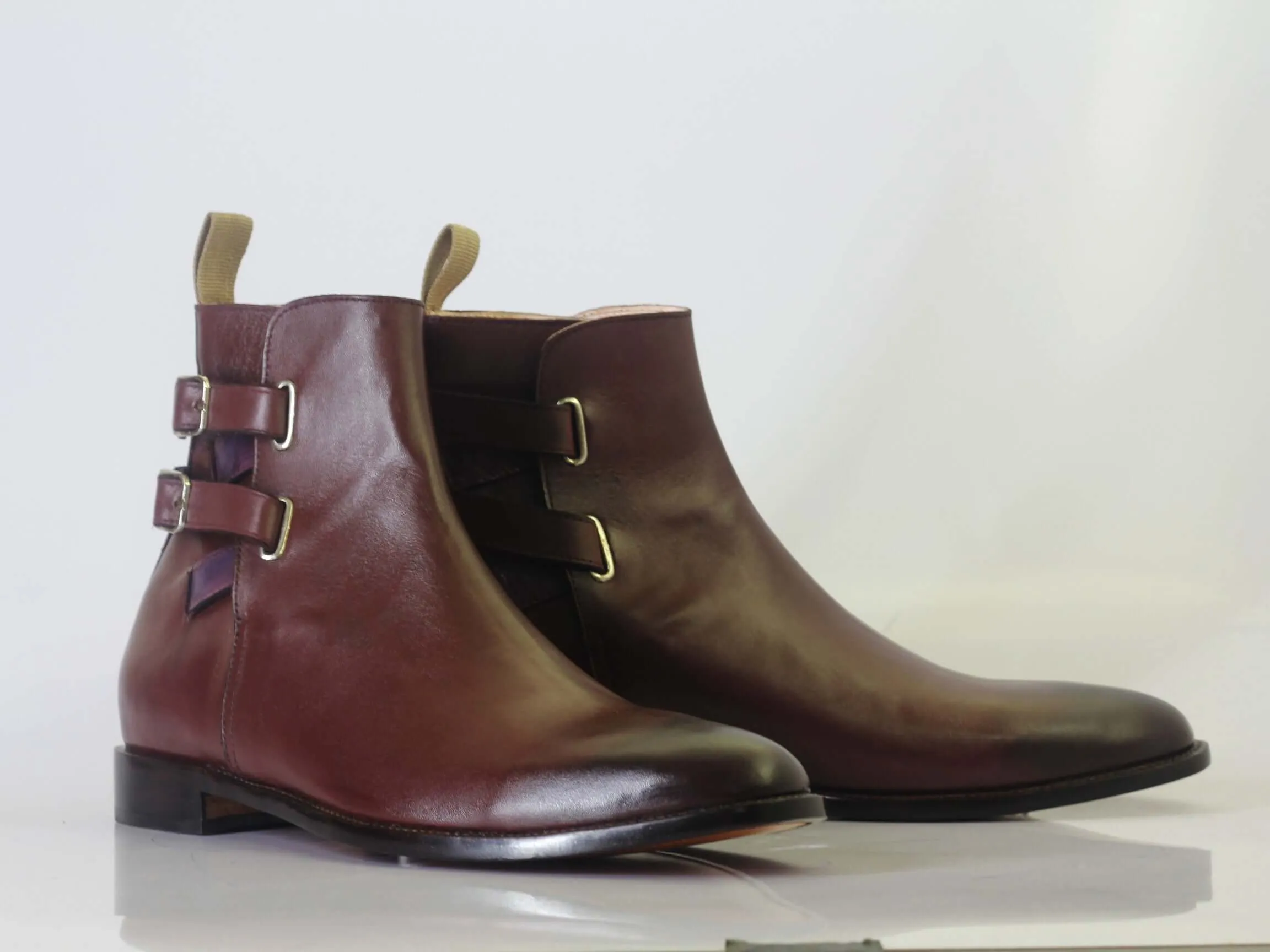 Bespoke Burgundy Leather Ankle High Double Buckle Up Boot