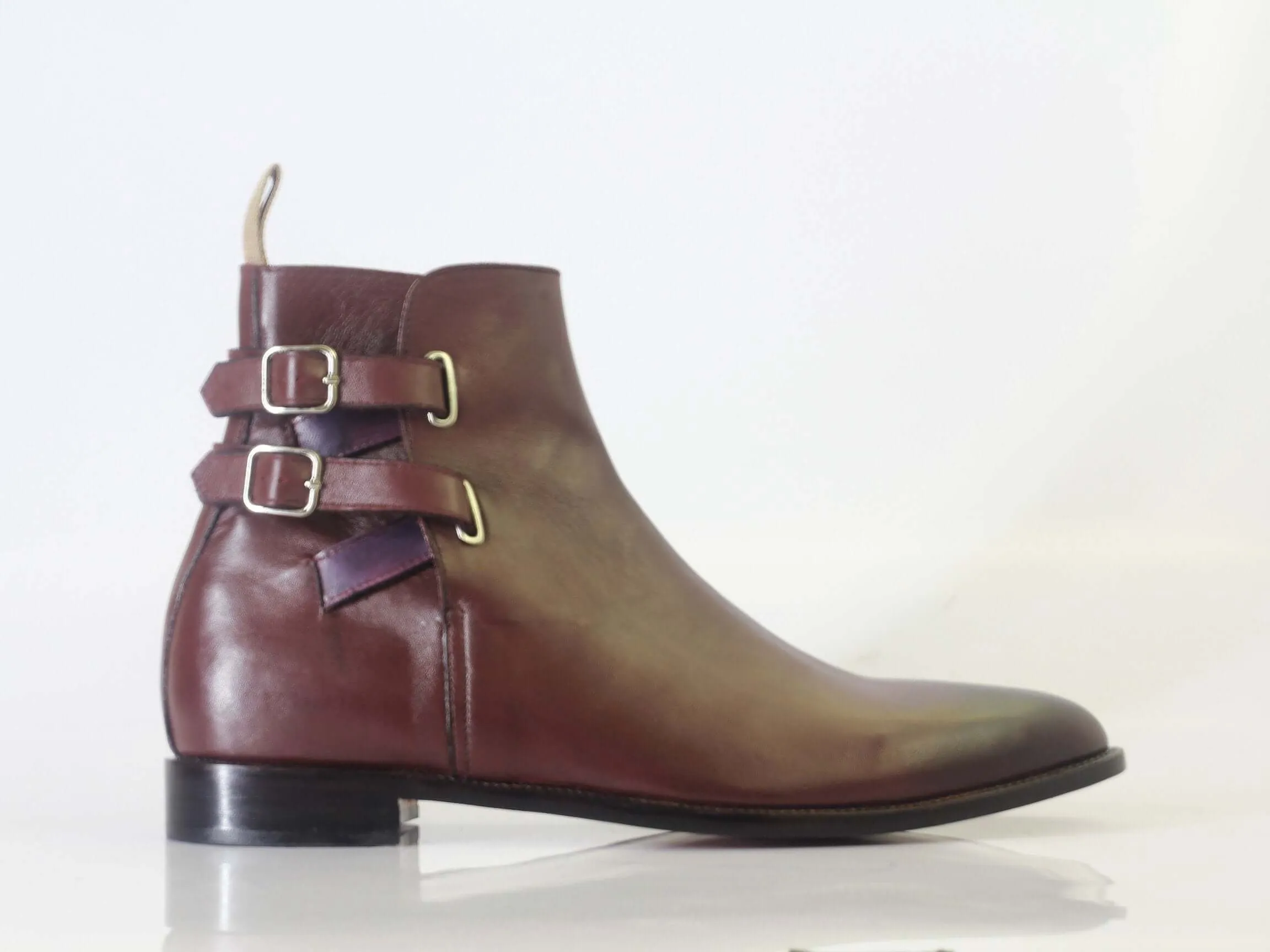 Bespoke Burgundy Leather Ankle High Double Buckle Up Boot