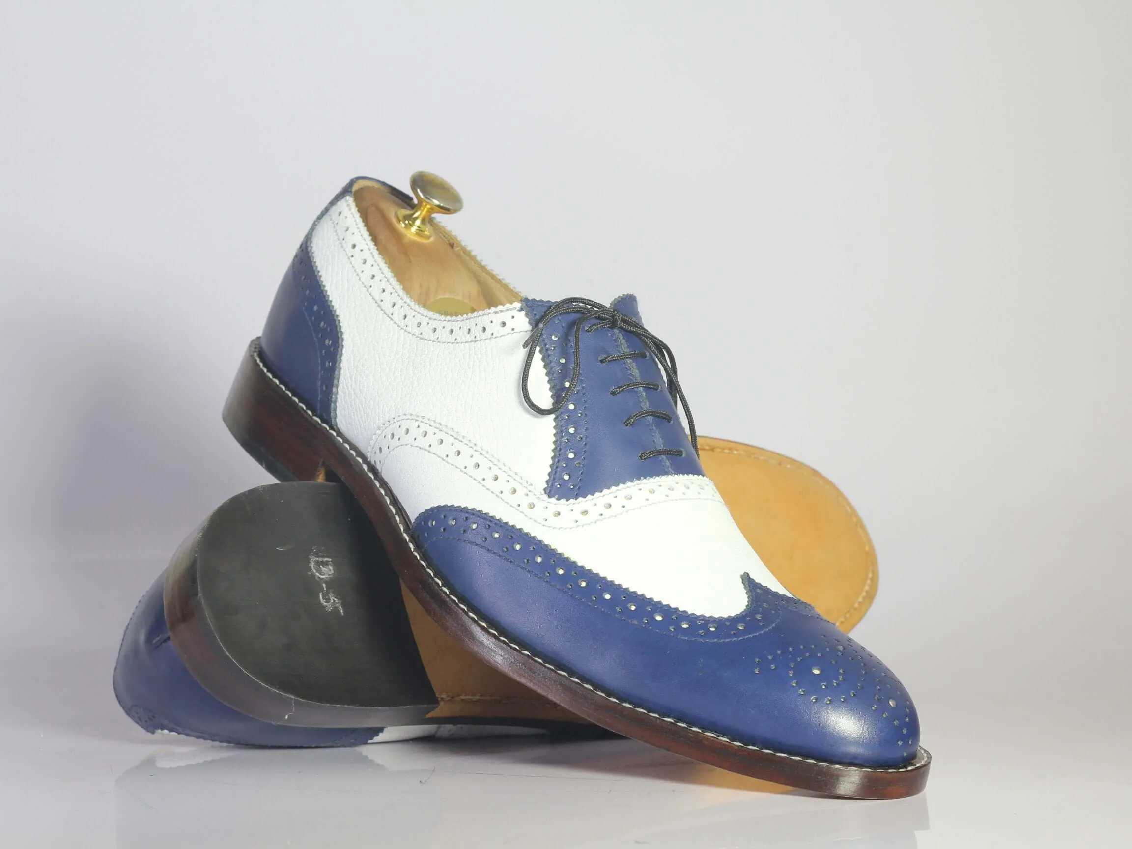 Bespoke White & Blue Wing Tip Brogue Lace Up Shoes