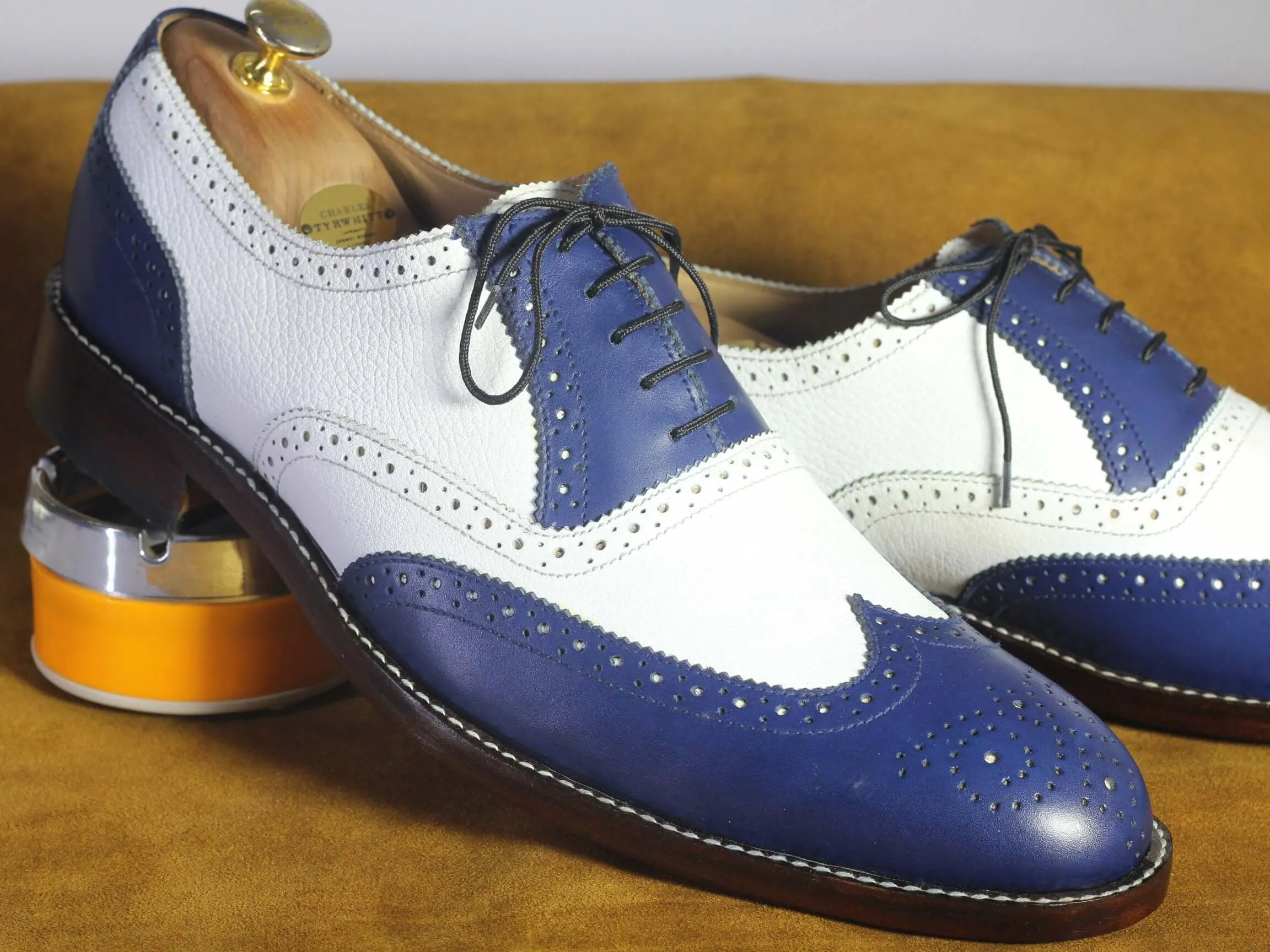 Bespoke White & Blue Wing Tip Brogue Lace Up Shoes