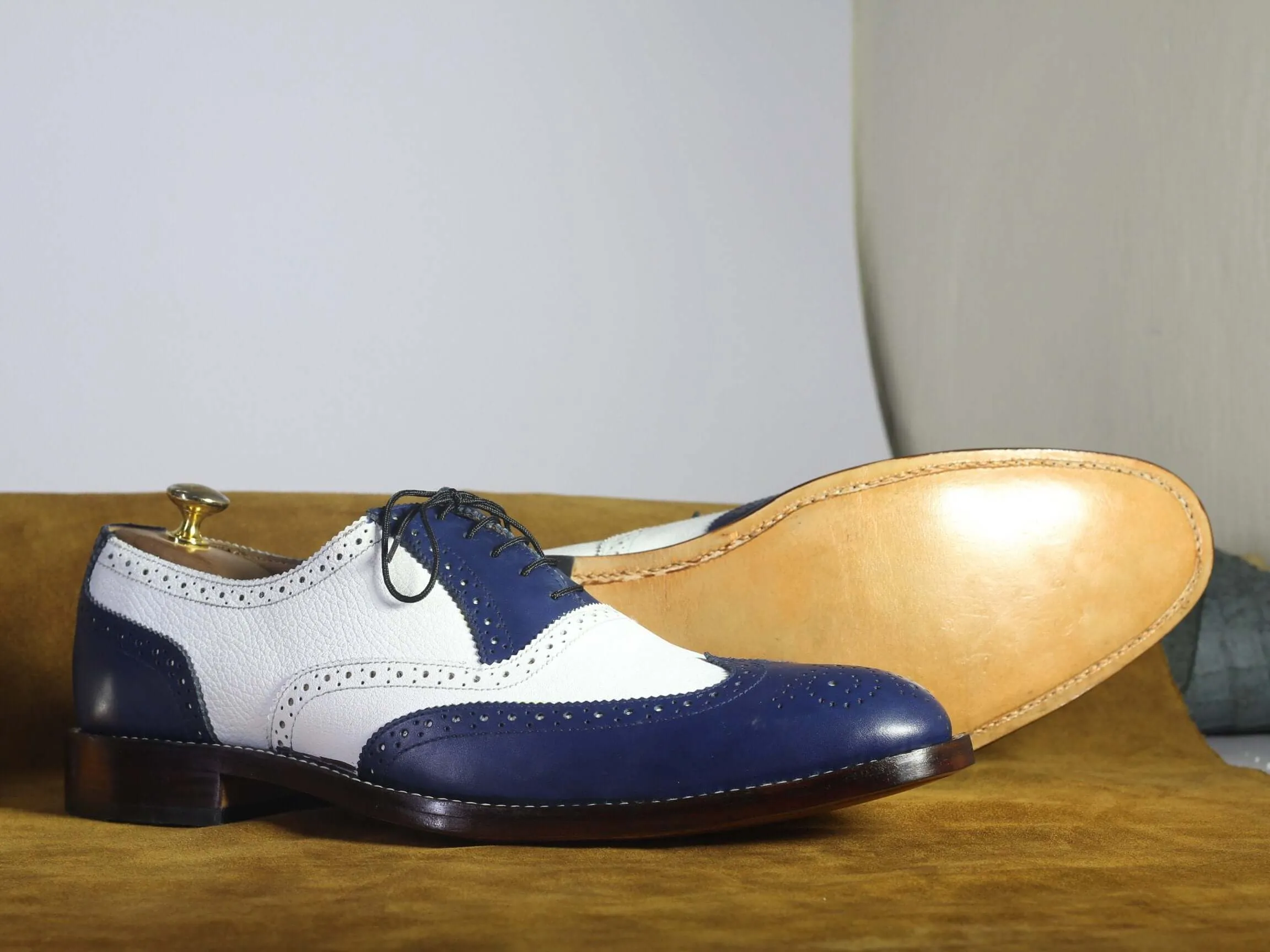 Bespoke White & Blue Wing Tip Brogue Lace Up Shoes