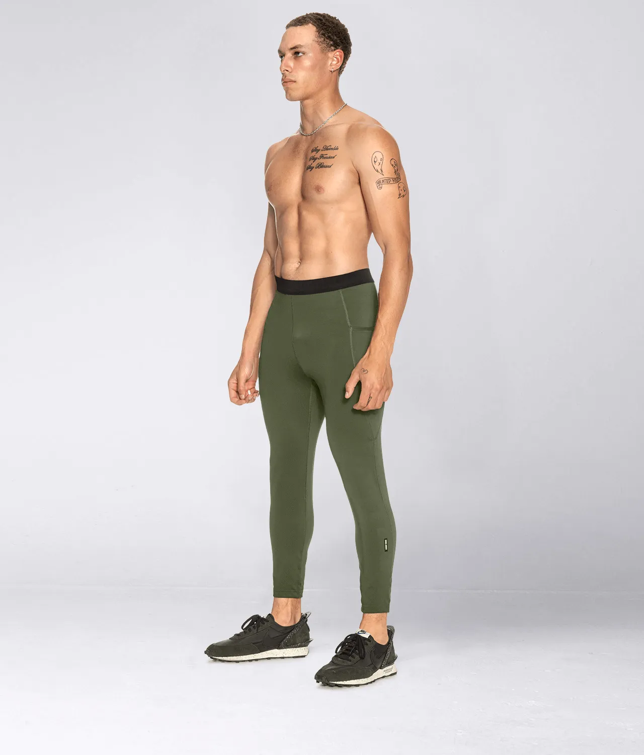 Born Tough Side Pockets Compression Running Pants For Men Military Green