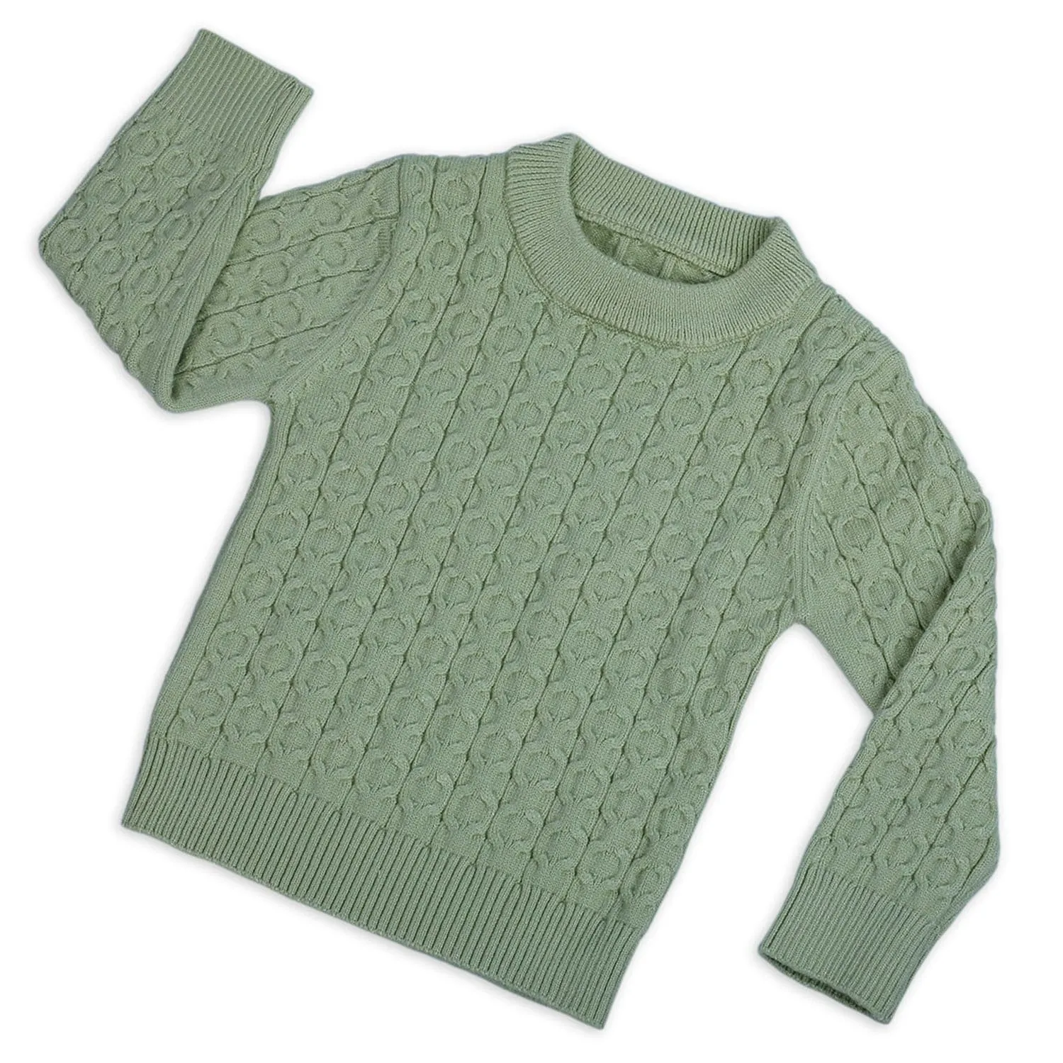 Classic Solid Round Neck Premium Full Sleeves Cable Knit Sweater - Olive Green