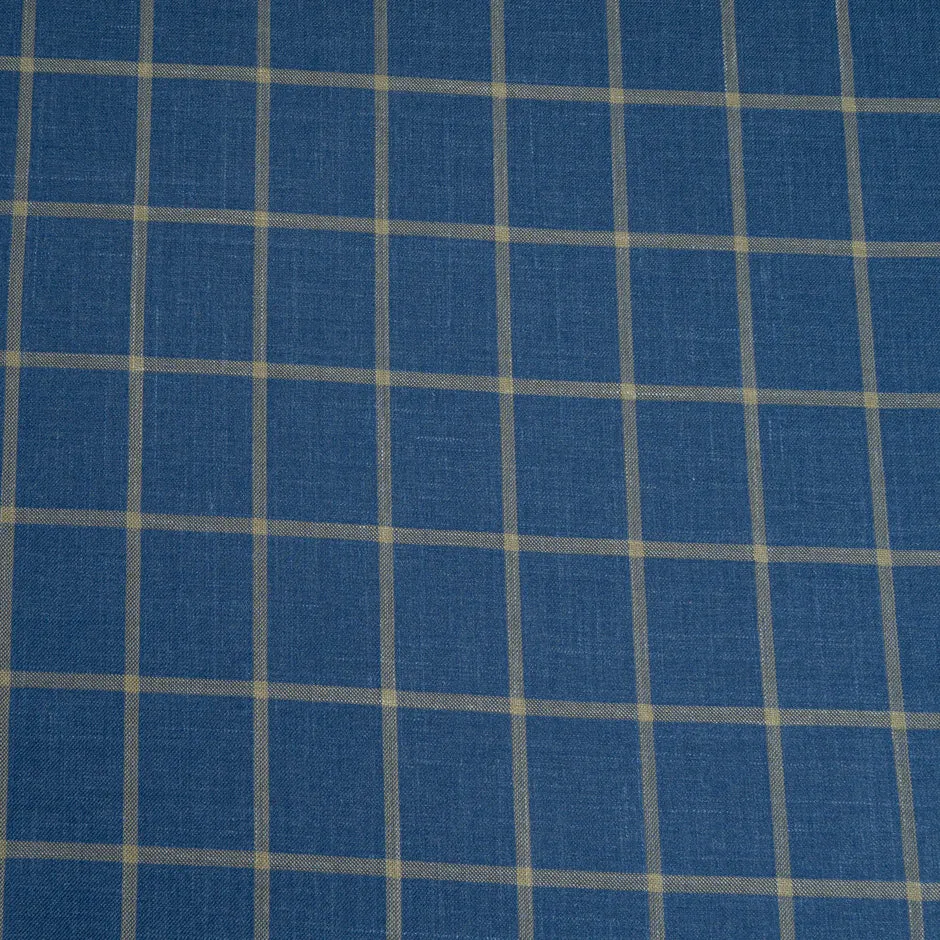 Deep Blue & Stone Checkered Wool, Silk & Linen Blend Suiting