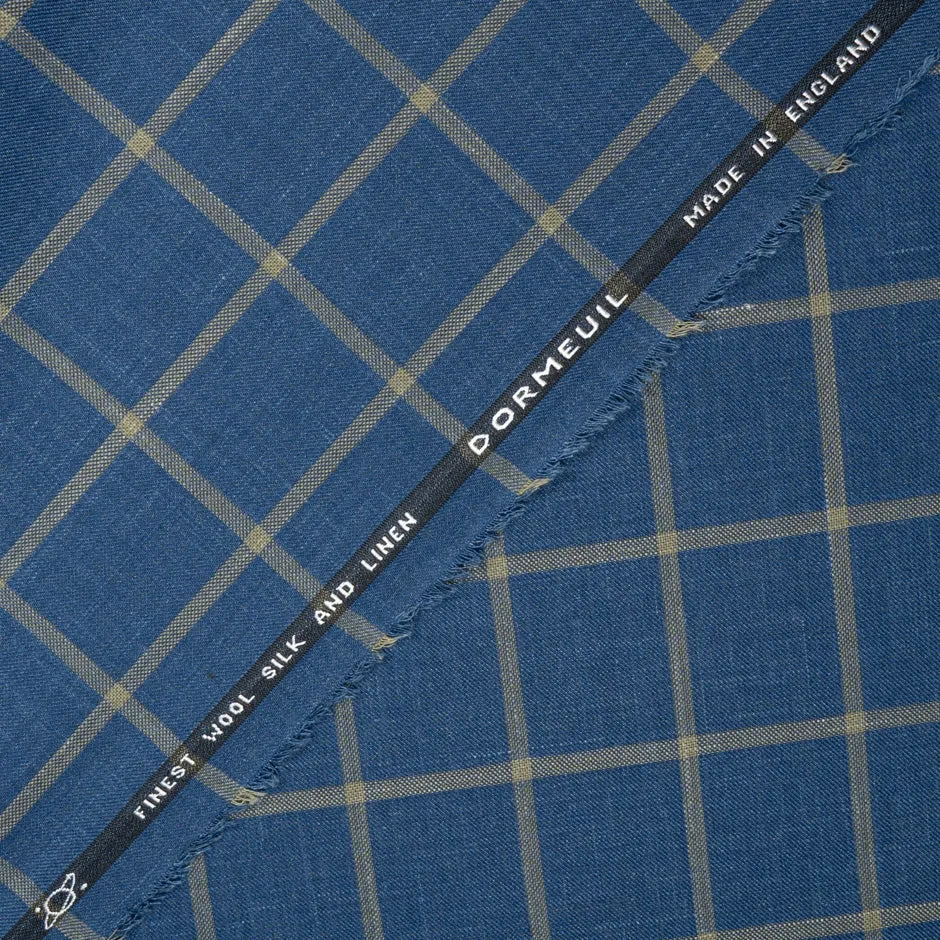 Deep Blue & Stone Checkered Wool, Silk & Linen Blend Suiting