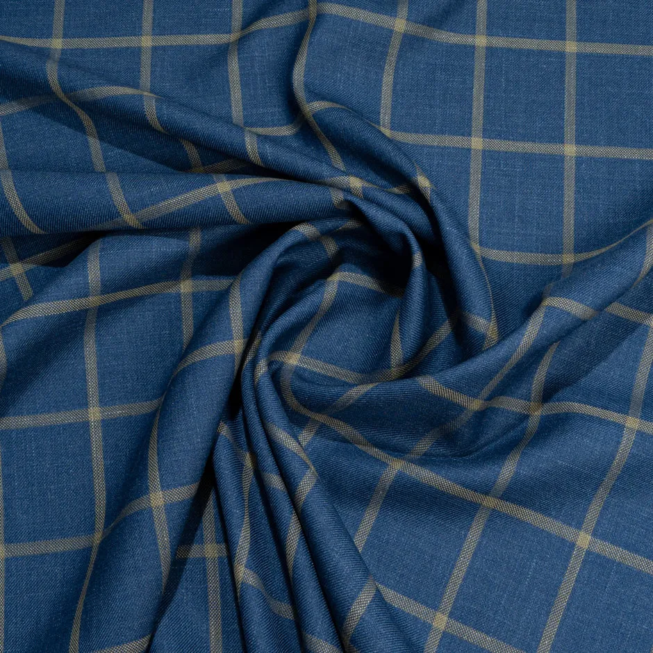 Deep Blue & Stone Checkered Wool, Silk & Linen Blend Suiting