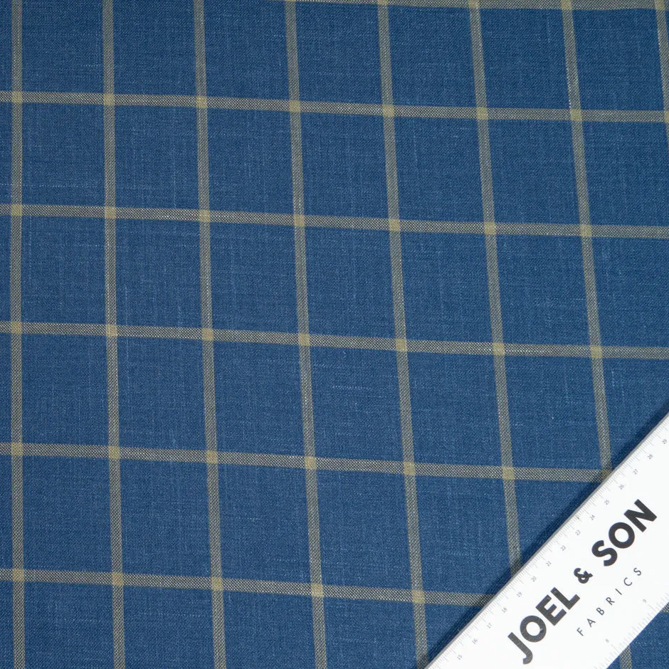 Deep Blue & Stone Checkered Wool, Silk & Linen Blend Suiting