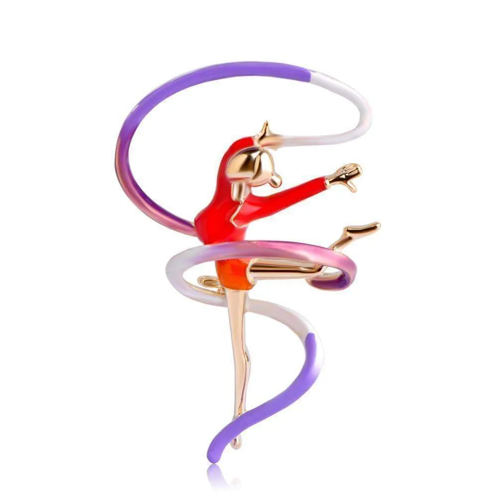 Enamel Sports Gymnastics Brooch Whirling Girls Ribbon Brooches Women Dancer Badge Garment Decoration Pin Bijoux