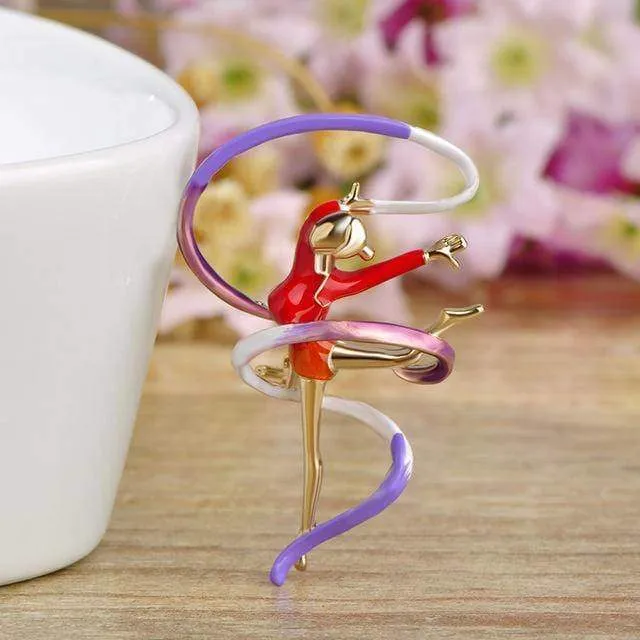 Enamel Sports Gymnastics Brooch Whirling Girls Ribbon Brooches Women Dancer Badge Garment Decoration Pin Bijoux