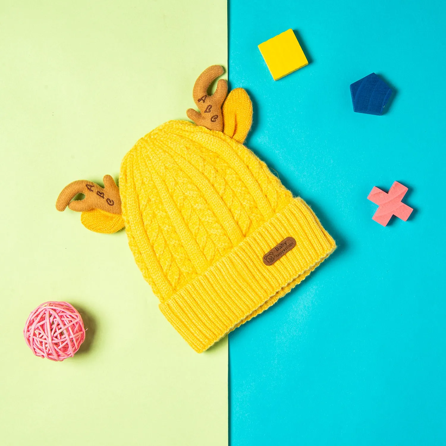 Knit Woollen Cap 3D Alphabet Antler Yellow