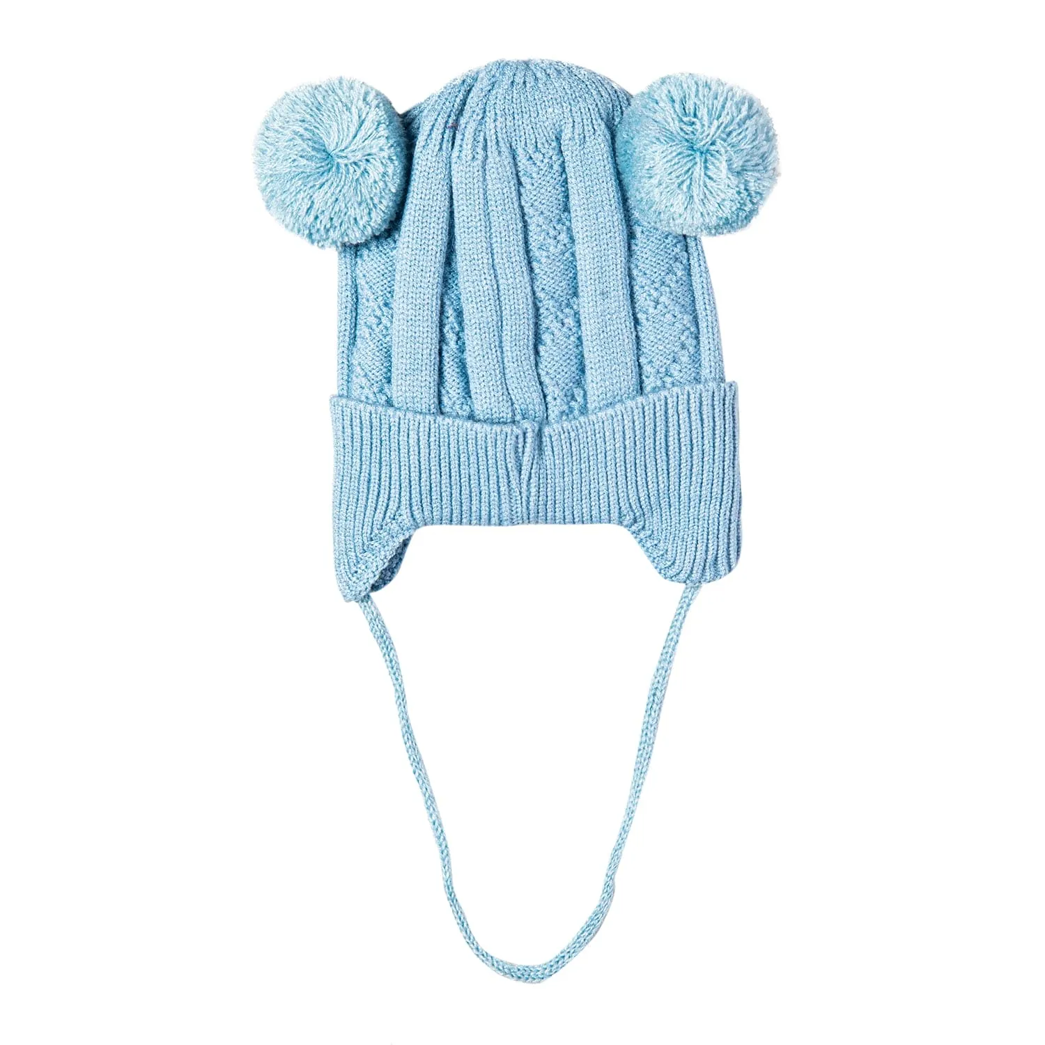 Knit Woollen Cap With Tie For Ear Cover Starry Pom Pom Blue