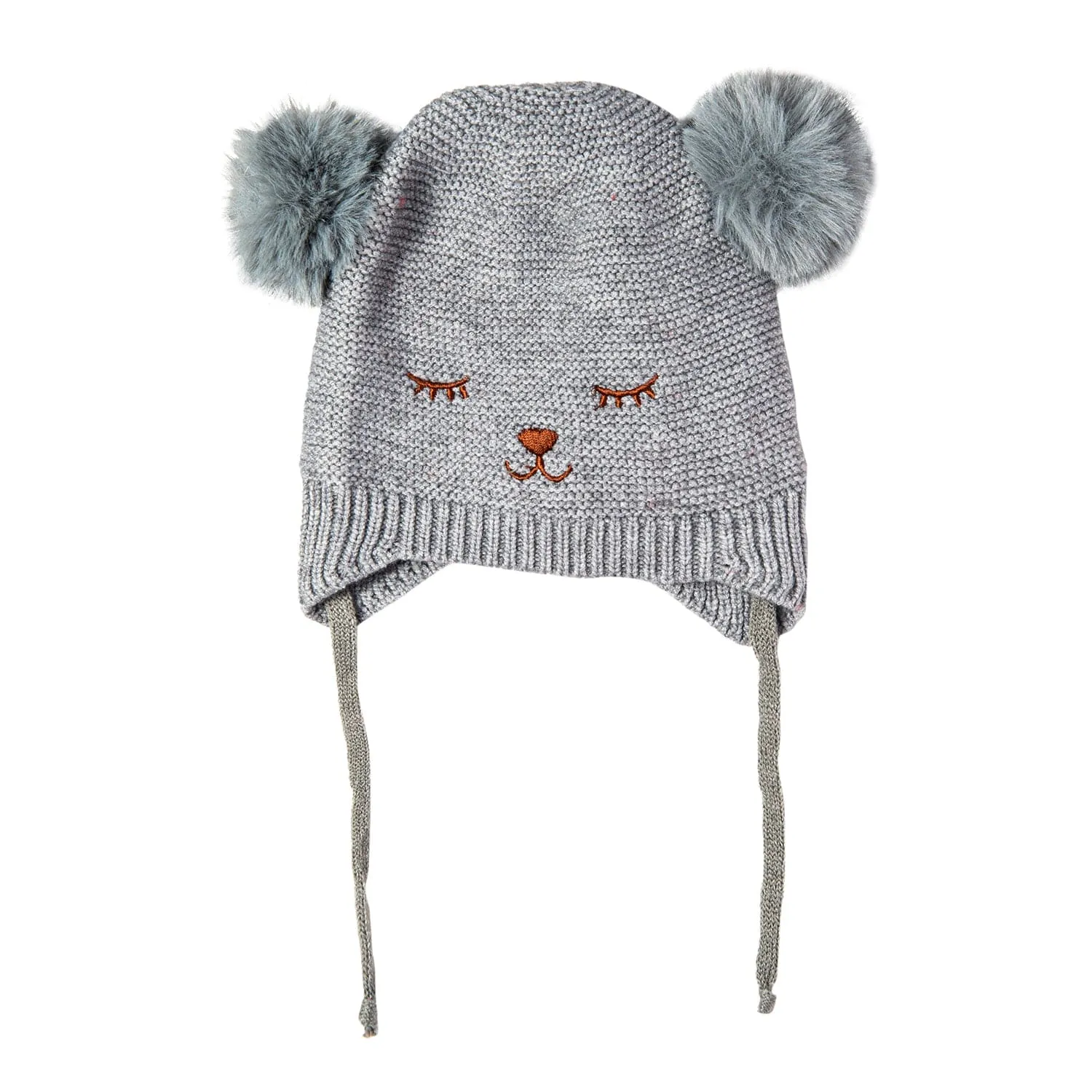 Knit Woollen Cap With Tie Knot For Ear Cover Sleeping Pom Pom Grey