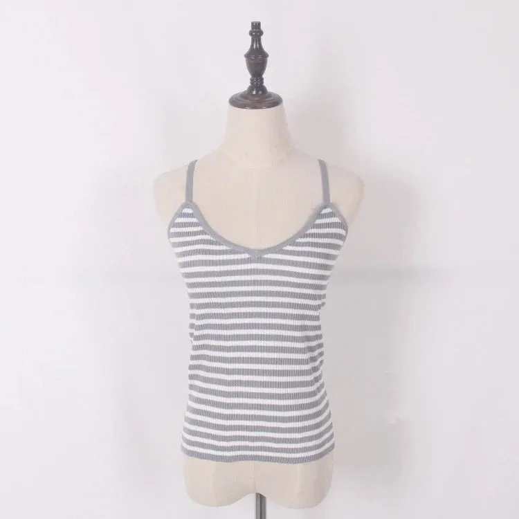 New knitted Striped Tank Tops Women Summer Camisole Vest simple Stretchable Ladies V Neck Slim Sexy Strappy Camis Tops  A-002