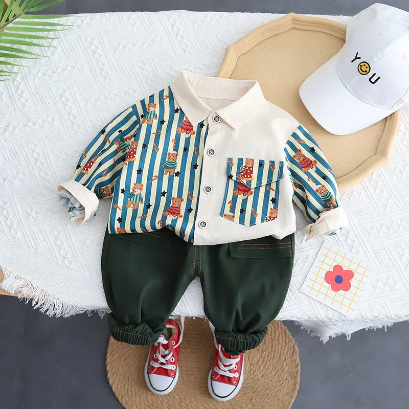 New Spring Kids Clothes Kids Cotton Sport Full Printe Strips Shirt Pants 2Pcs/Set Children Boys Kids Casual Suit 1 2 3 4 5 Years