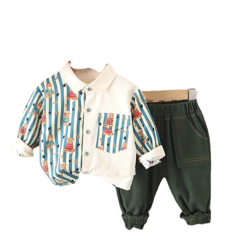 New Spring Kids Clothes Kids Cotton Sport Full Printe Strips Shirt Pants 2Pcs/Set Children Boys Kids Casual Suit 1 2 3 4 5 Years