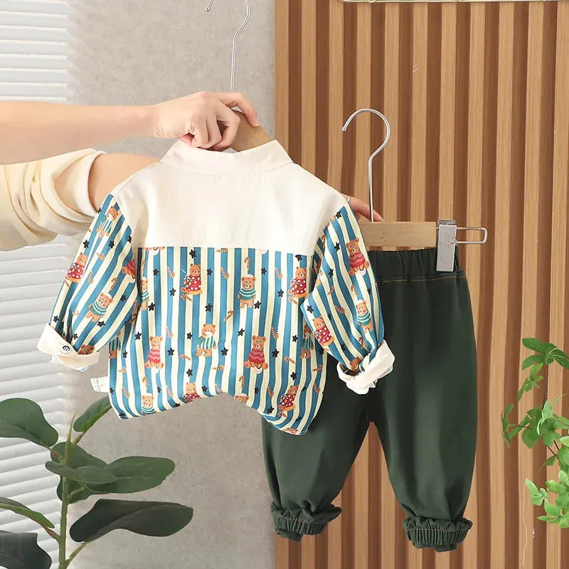 New Spring Kids Clothes Kids Cotton Sport Full Printe Strips Shirt Pants 2Pcs/Set Children Boys Kids Casual Suit 1 2 3 4 5 Years