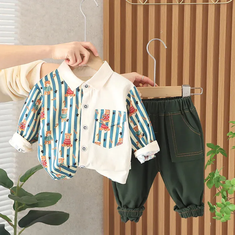 New Spring Kids Clothes Kids Cotton Sport Full Printe Strips Shirt Pants 2Pcs/Set Children Boys Kids Casual Suit 1 2 3 4 5 Years