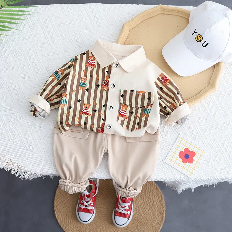 New Spring Kids Clothes Kids Cotton Sport Full Printe Strips Shirt Pants 2Pcs/Set Children Boys Kids Casual Suit 1 2 3 4 5 Years