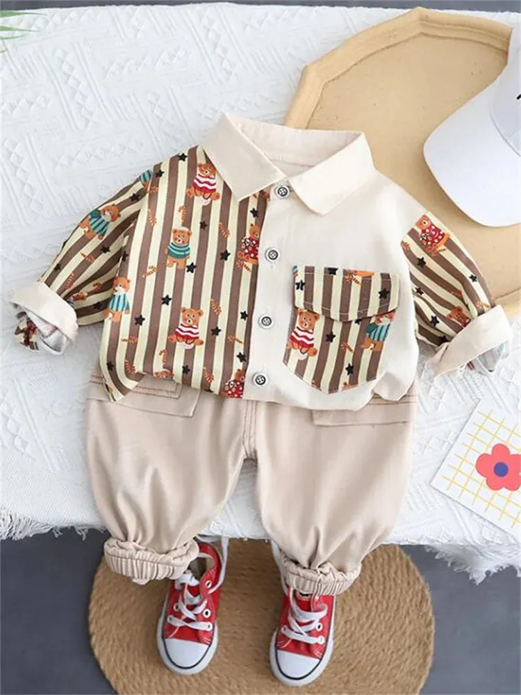 New Spring Kids Clothes Kids Cotton Sport Full Printe Strips Shirt Pants 2Pcs/Set Children Boys Kids Casual Suit 1 2 3 4 5 Years