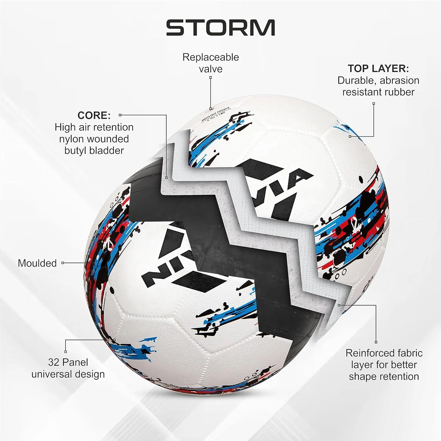 Nivia Storm Football | Rubberized Moulded | Suitable for Hard Ground Without Grass | Training Ball | Soccer Ball | for Men/Women | Football Size - 5 (White)