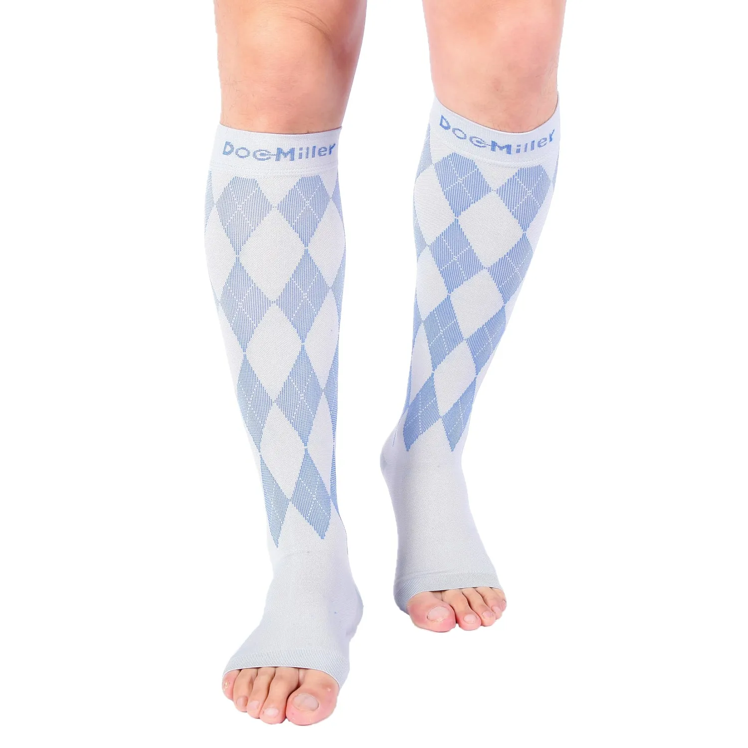 Open Toe Compression Socks 20-30 mmHg Argyle GRAY/BLUE by Doc Miller