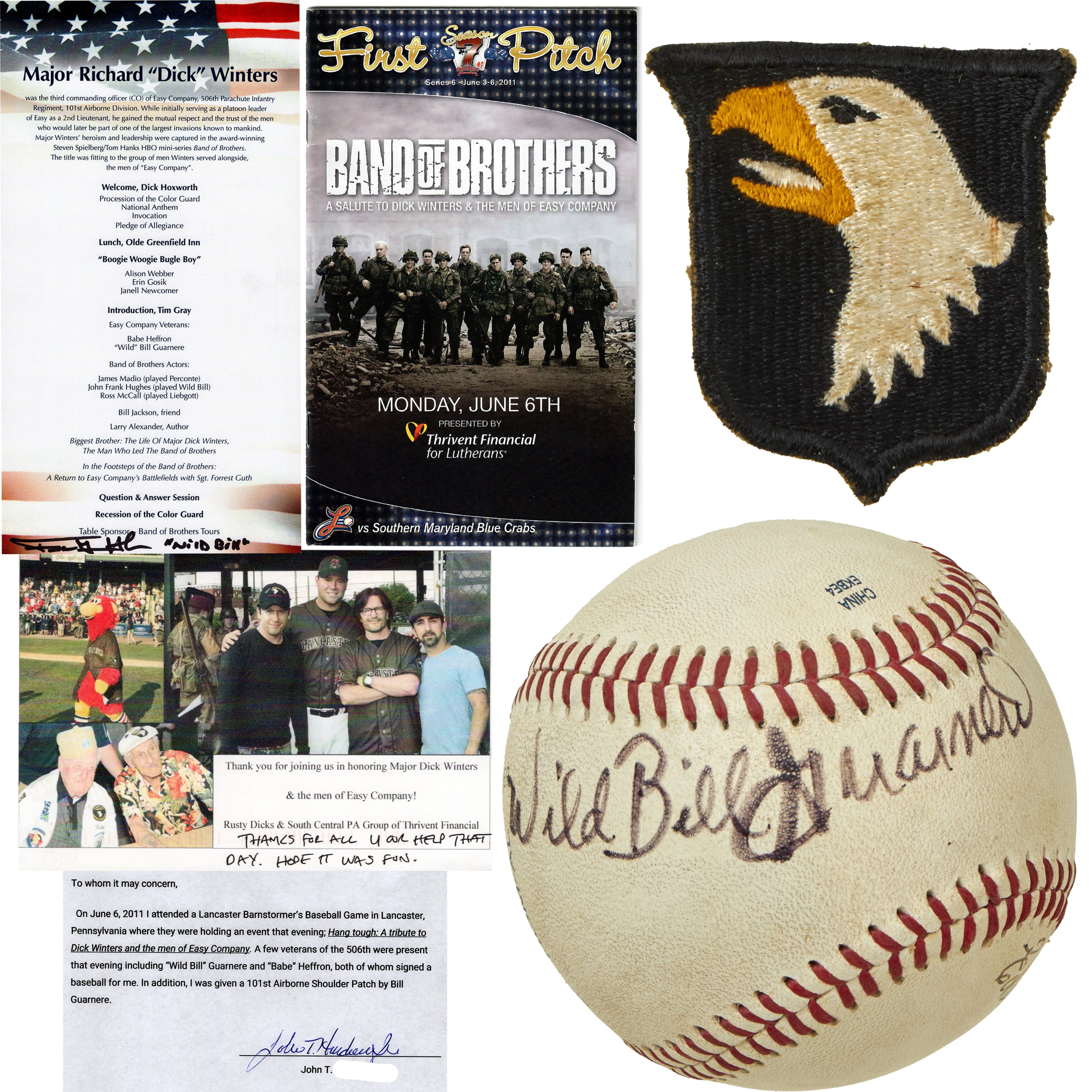 Original U.S. WWII Band of Brothers William J. “Wild Bill” Guarnere’s Personal Rare 101st Airborne Division White Tongue Patch With Signed Baseball by Guarnere and Edward James "Babe" Heffron - With Notarized Letter of Provenance